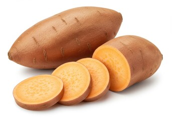 Whole sweet potatoes and three round slices showing the vibrant orange interior isolated on white background