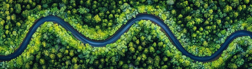 Winding Road Through Lush Forest: An aerial view captures a winding road snaking through a vibrant green forest, creating a captivating contrast of textures and shapes.