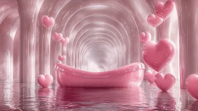 Pink bathtub, hearts in dreamy pink archway