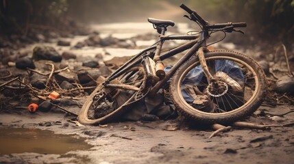 Fototapeta premium Abandoned and broken down bicycle lying in the mud next to an overgrown dirt trail in a rural natural environment
