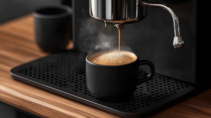 Espresso pouring from a machine into a black mug on a wooden table.