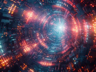 Obraz premium Create a visually striking design depicting a high-angle view of a futuristic digital afterlife realm, blending elements of technology and spirituality in a thought-provoking way