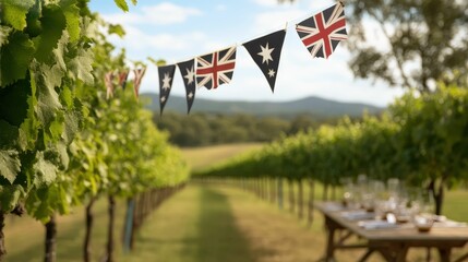 A scenic vineyard pathway adorned with flags, showcasing Australian pride amidst lush green grapevines under a clear blue sky.