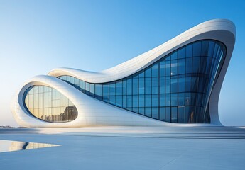 Contemporary Architectural Marvel Featuring Fluid Shapes and Large Glass Facades Under a Clear Blue Sky, Showcasing Innovative Design and Modern Aesthetics
