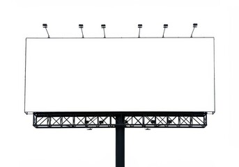 Obraz premium A large empty billboard mounted on a metal frame with lighting fixtures on top isolated on white background