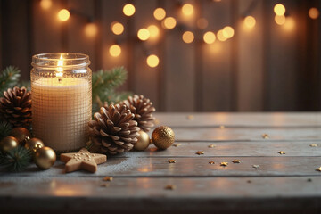 blurred bokeh background with wooden table candle festive items