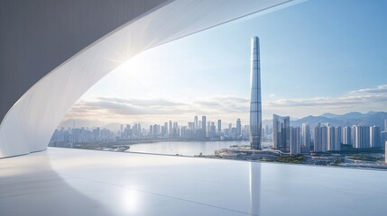 Fototapeta premium Modern architecture interior overlooking cityscape with skyscrapers and river.