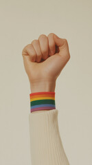Pride and Solidarity: A close-up shot of a hand raised in a fist, adorned with a vibrant rainbow wristband, symbolizes LGBTQ+ pride, strength, and unity.