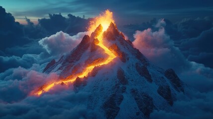 Fototapeta premium Volcano Erupting With Glowing Lava Flow Amid Dramatic Clouds