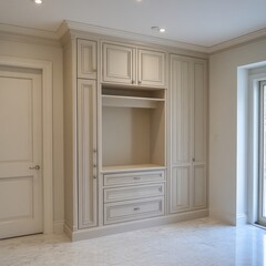 Elegant built-in cabinetry with storage, drawers, and shelves in a bright room.