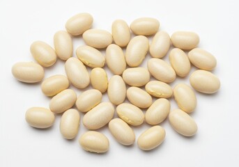 A scattered group of white beans each bean displayed in different angles for a natural arrangement isolated on white background