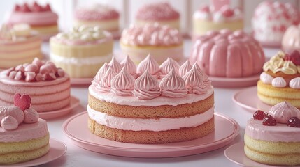 Pink cakes with frosting on plates, bakery display, blurred background, for menus