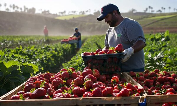 Diligent hands harvesting a bounty of ripe strawberries in a sun-drenched field