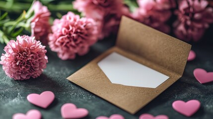Pink carnations, blank card in open envelope, hearts on dark table