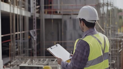 A safety inspector in a reflective vest and hard hat, checking a safety harness with a clipboard and standing in front of a construction site with visible safety equipment, Construction site scene