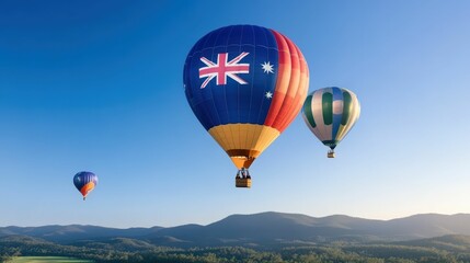 Obraz premium Colorful hot air balloons soar in a clear blue sky, showcasing vibrant designs against picturesque mountainous scenery.