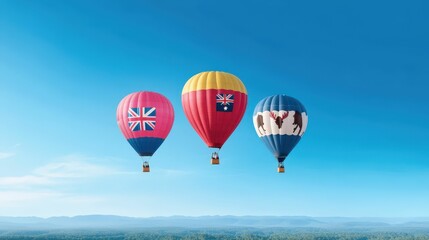 Fototapeta premium Three colorful hot air balloons float against a clear blue sky, showcasing vibrant designs and creating a striking visual contrast.
