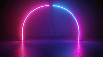 Abstract neon archway with pink and blue glowing light.