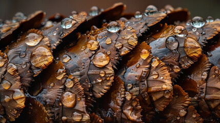 Fototapeta premium A macro shot of the textured scales on a pinecone, coated in fresh rain droplets that glisten in soft light.