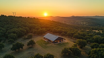 renewable energy Scenic sunset over a rustic barn surrounded by hills and trees.