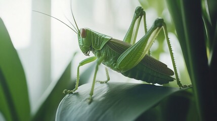 Close-up of a vibrant green grasshopper perched on a lush leaf.