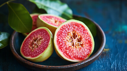 Fresh guava cut in halves in a wooden bowl with leaves on a blue background