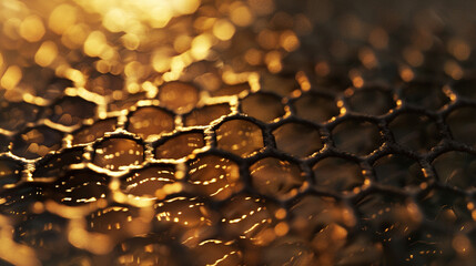 A macro view of a honeycomb, with translucent golden hues and intricate hexagonal patterns.