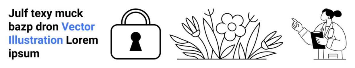 Data security lock, blooming flower with leaves, and a scientist holding a clipboard, pointing. Ideal for cybersecurity, botany, research, science education, nature conservation privacy technology