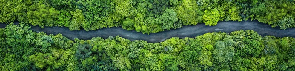 Naklejka premium River Winding Through Lush Forest: An aerial view captures a tranquil river snaking its way through a dense, vibrant green forest, creating a stunning natural pattern. 