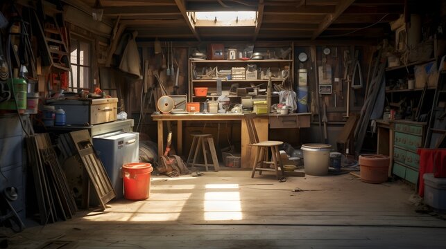Cluttered and disorganized garage interior filled with old cardboard boxes tools and oil stains on the concrete floor  Abandoned and messy workshop scene