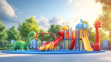 Colorful playground with slides, swings, and dinosaur statues in a sunny park.