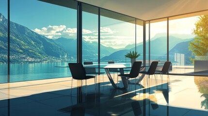 A sleek, digitally created dining area in a modern home, featuring a glass dining table, modern chairs, and large windows with a scenic view