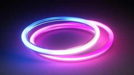 Glowing neon rings, blue and pink circles, abstract light, futuristic design, dark background.