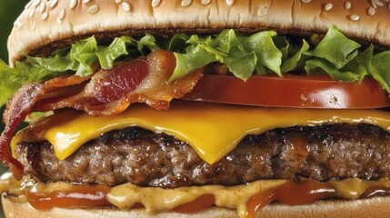 A delicious cheeseburger featuring layers of bacon, lettuce, tomato, and melted cheddar, all nestled in a sesame seed bun, Metabolic Syndrome, Junk foods.