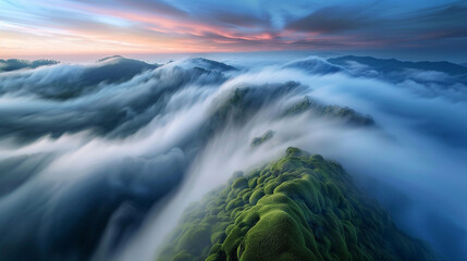 Fototapeta premium A surreal long exposure of mist rising from a forest floor at sunrise, with detailed moss textures.