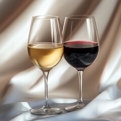 Fototapeta premium Two glasses of wine, one white and one red, on a silk background.