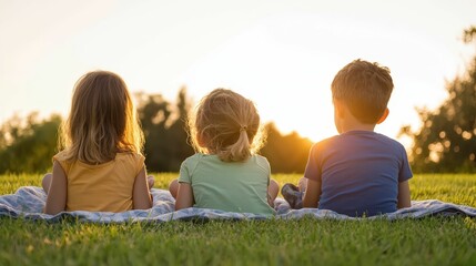 Three children sit on a blanket, watching a sunset together in a serene outdoor setting, surrounded by nature.