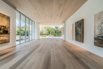 Obraz premium Modern art gallery interior with large windows, hardwood floors, and artwork on display.