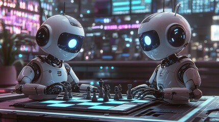 Robots Engaged in Chess Match in Futuristic City Environment