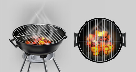 3d realistic vector icon illustration. Cooking appliance, meat barbecue grill with hot fire coals and smoke in top and side view. 