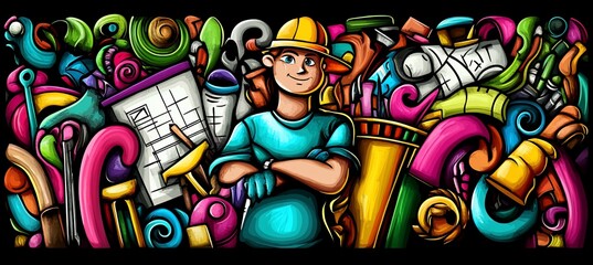 Colorful doodle illustration of a construction worker surrounded by tools and blueprints.