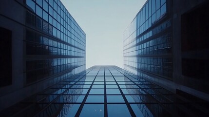Low-angle view of two modern glass skyscrapers converging towards a clear sky.