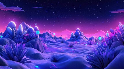 Fototapeta premium Futuristic Alien Landscape with Glowing Plants and Purple Starry Sky