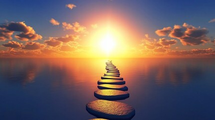 Obraz premium Serene sunset over calm ocean with stepping stones leading to radiant sun.