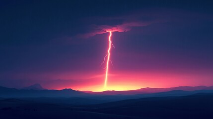 Pink lightning strike over mountain range at sunset.