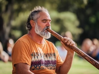 Fototapeta premium A man plays a traditional wooden instrument outdoors, wearing an orange shirt, surrounded by a serene gathering.