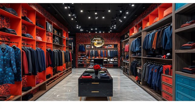Contemporary retail shop filled an impressive selection of formal attire featuring bold colors and unique designs while fashionforward accessories are displayed creatively on shelves and mannequins