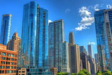 Obraz premium Modern Skyscrapers Against a Blue Sky
