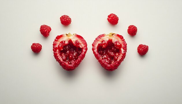 Two halved raspberries with whole raspberries arranged around them on a white background.