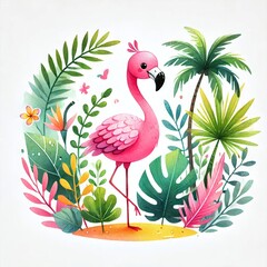 Obraz premium Cute cartoon flamingo standing among tropical plants, showcasing vibrant colors and cheerful expression